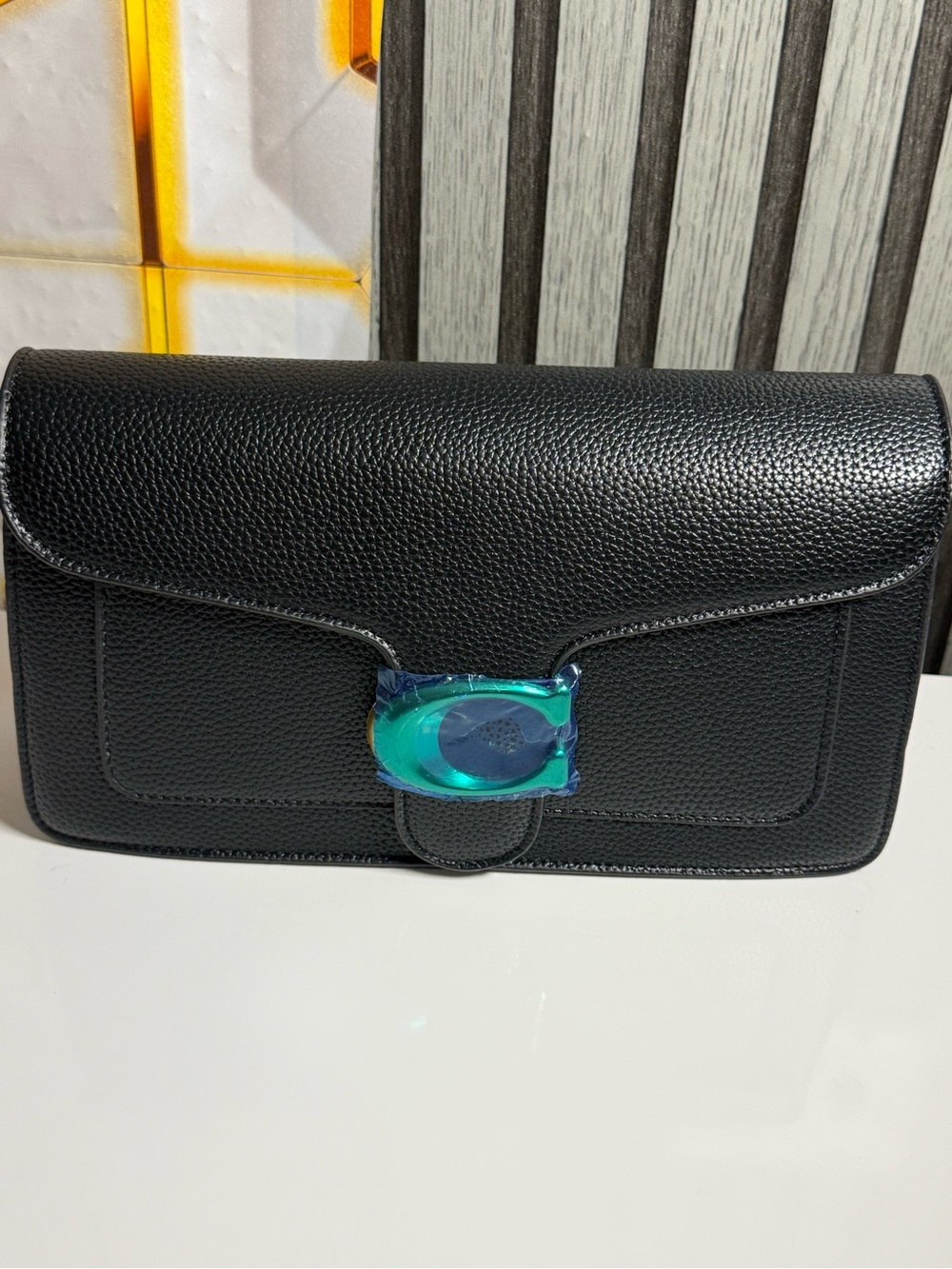 Black Leather Shoulder Bag with Iridescent Accent